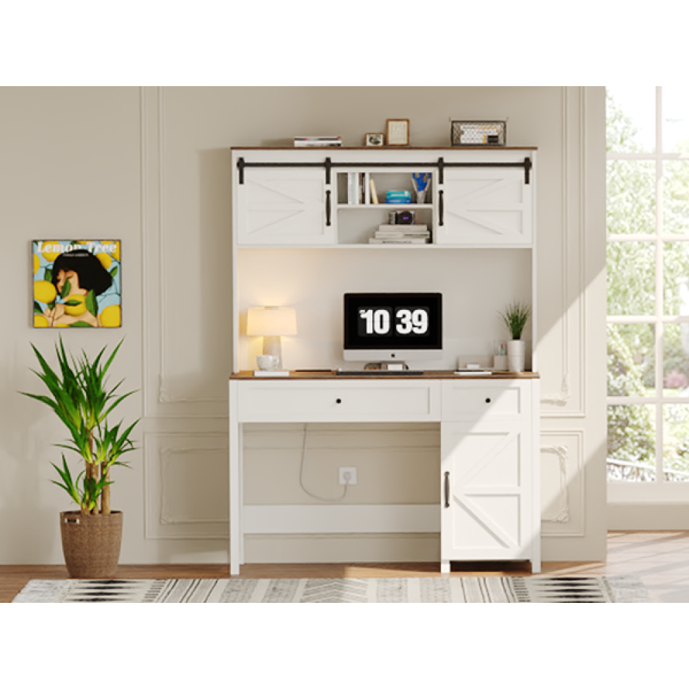 47" Farmhouse Executive Desk with Drawers, Wood Home Office Desk w/Charging Station, File Drawer, Storage Cabinet, Rustic Computer Writing Desk. White 47.24''W x 19.69''D x 67.91''H.