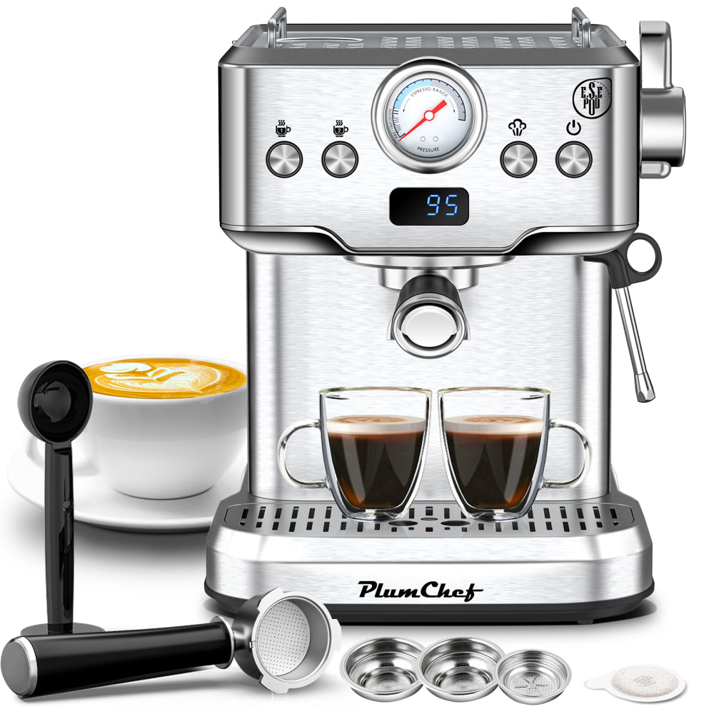 20 Bar Professional Espresso Machine with Milk Frother, Single & Double Shot, ESE Pod Compatible, Visual Temperature and Pressure Display, Removable Water Tank for Cappuccino, Latte, & Macchiato