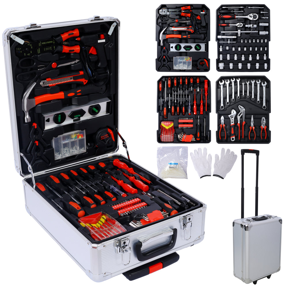 969pcs Home Repair Tool Set Kit for Men, Toolbox Storage Case with 4 Drawers, General Household Tool Kit with Rolling Tool Box, Tool Set Kit for Maintenance, Garden, Homeowner, Handyman -Black