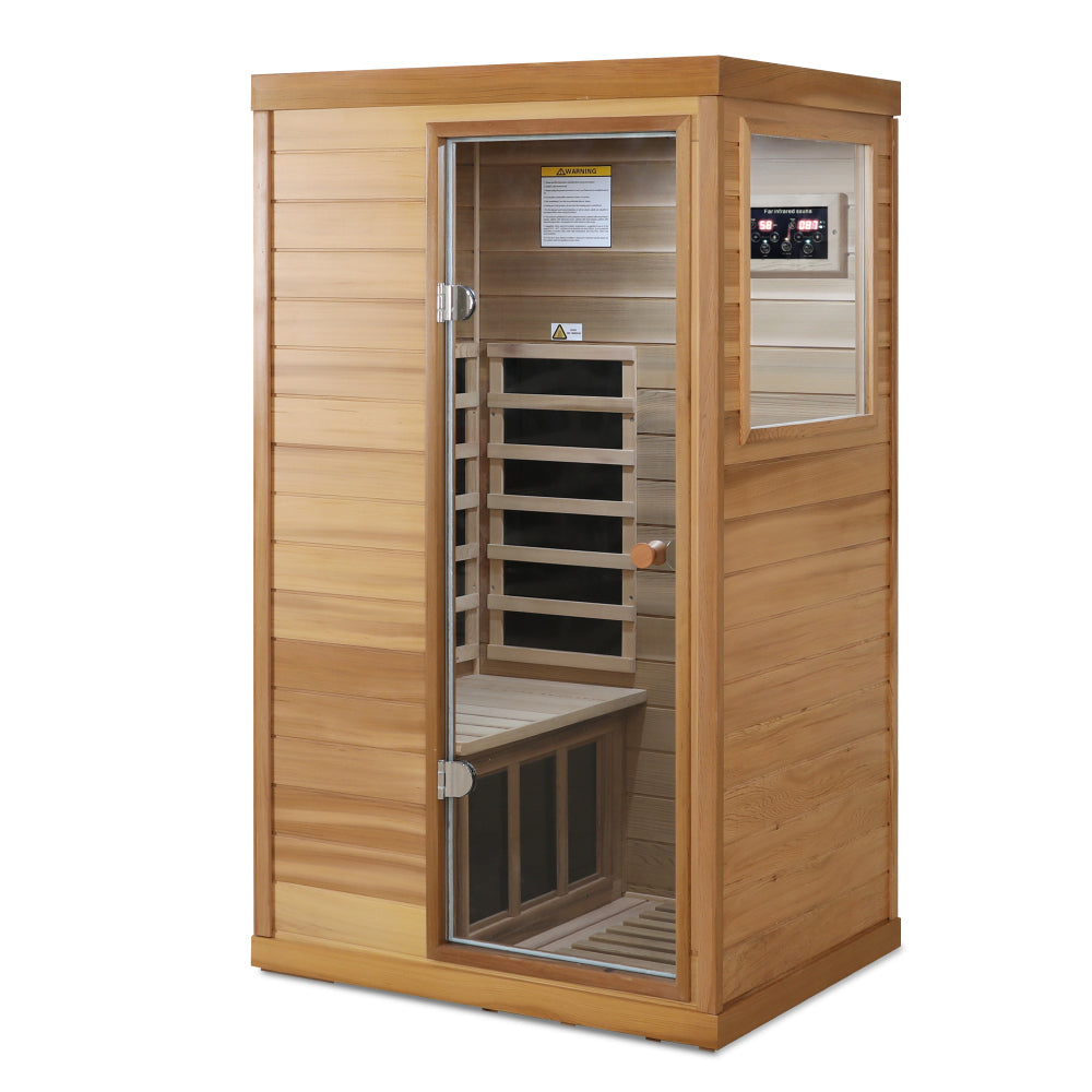 Red cedar Mini one person far infrared glass door on the right of the indoor sauna room