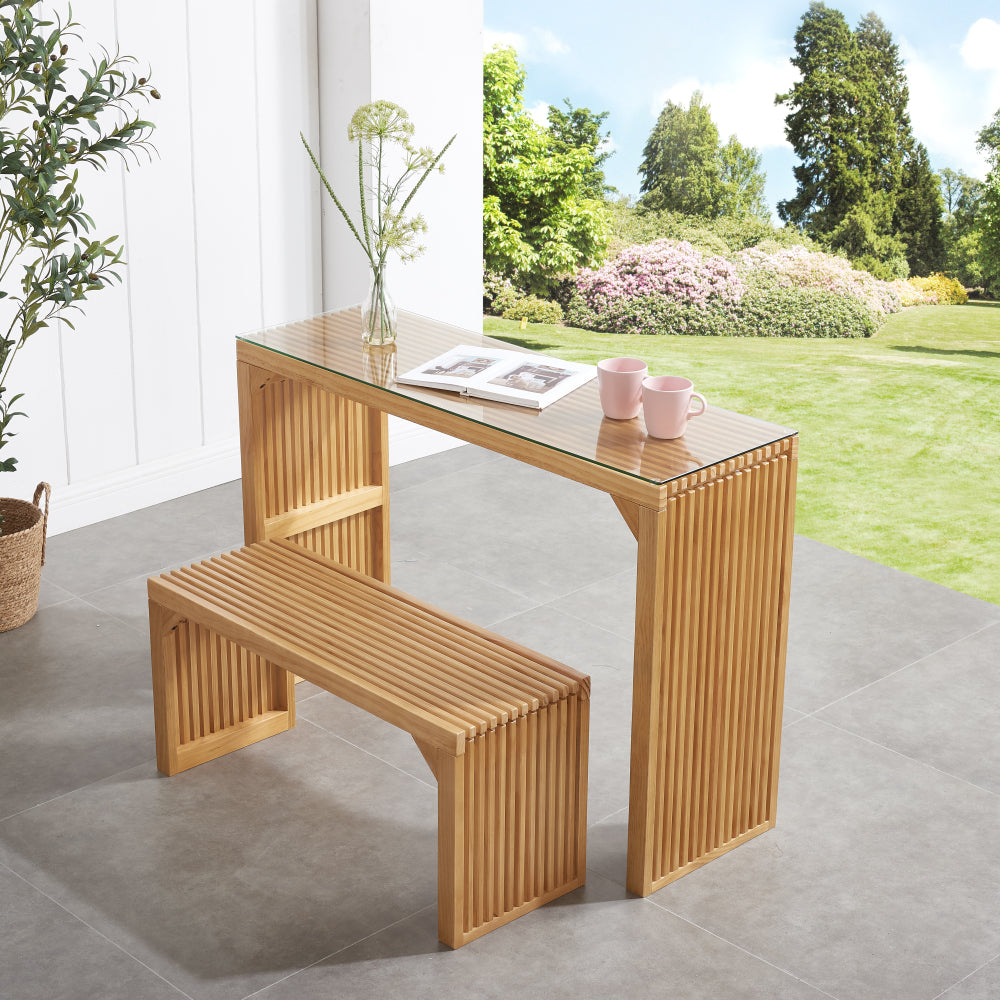 Natural Pine Dining Long Bench and Table Set – Versatile Indoor Wood Furniture for Entryway, Living Room, Kitchen, and Bedroom – Includes Small Tempered Glass Top