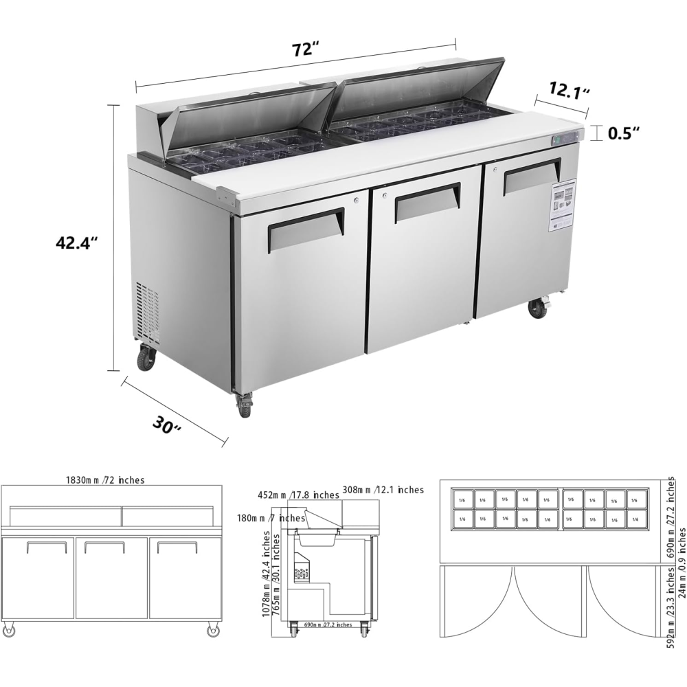 72" W 3 Door Refrigerator Sandwich Salad Prep Table Commercial Stainless Steel Fan Cooling Refrigerator with Cutting Board, 3 Shelves & 30 Pans for Restaurant, Bar, Shop-20 Cu.ft