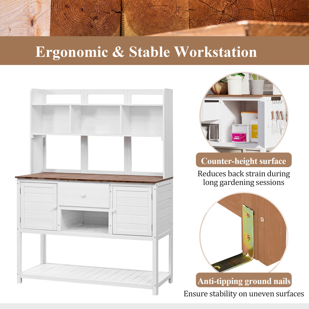 [Assembly Video Available] Topmax Solid Fir Wood Potting Bench Garden Workstation with Hutch, Drawer & Adjustable Shelves, 50.2x19.7x66.1 Inch Outdoor Garden Work Table for Backyard Planting,White