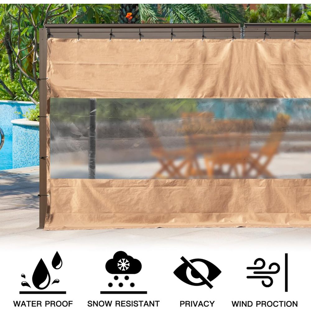 Heavy Duty Outdoor Clear Panel Curtain, 18 oz Waterproof PVC Polyester Curtain, Weather Resistant & Tearproof for Patios, Gazebos, Pergolas, Privacy Screen (10'H x 7'W, Gray)