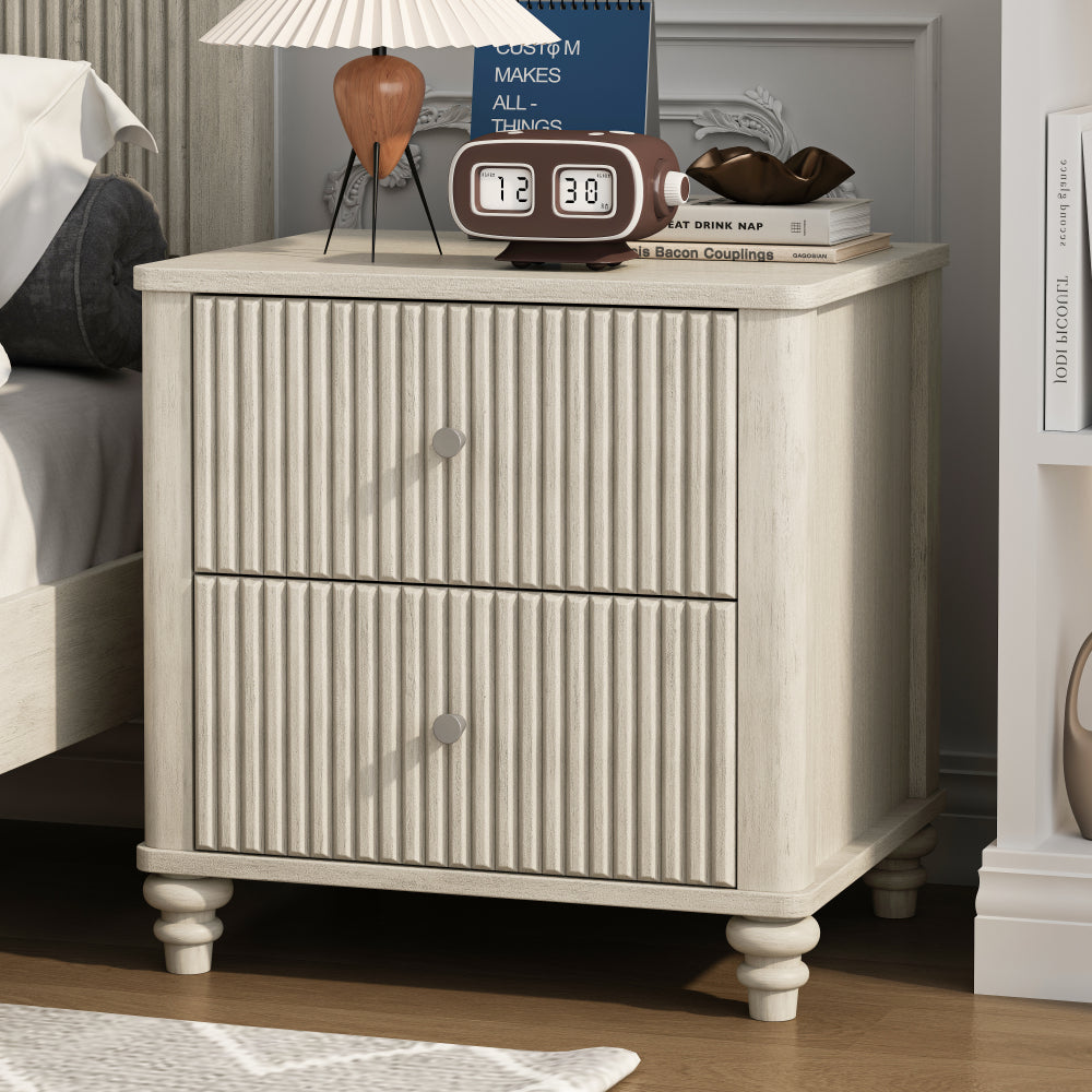 Fluted Nightstand, 21.65" Wide Side Table with 3 Drawers, Mid Century Modern Wood NightStand with Metal Handle, Wooden Bedside End Table for Bedroom, Living Room, Closet, Beige