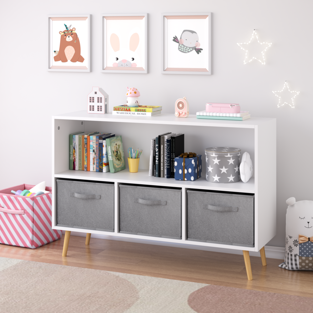 Kids bookcase with Collapsible Fabric Drawers, Children's Book Display, Toy Storage Cabinet Organizer, White/Gray
