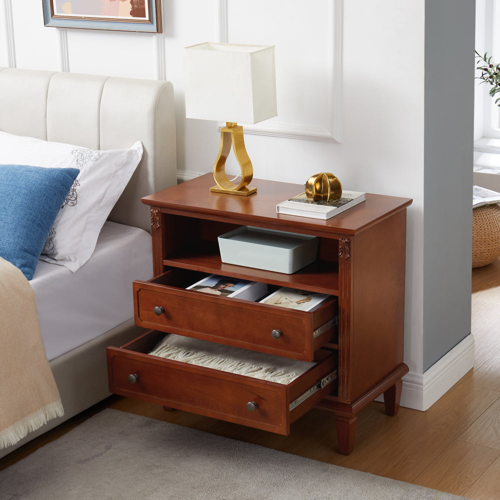 Open Space and 2 Drawers Dresser Nightstand with Charging Station, Farmhouse End Table with USB Ports and Outlets, Fluted Pilasters Design Side Table with Solid Wood Legs for Bedroom