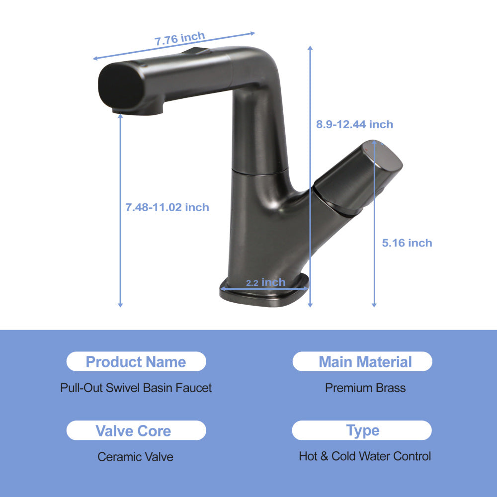 Pull-Down Bathroom Sink Faucet with Three Water Modes, Gunmetal Black