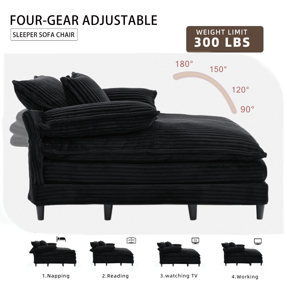 [NEW ARRIVED] [VIDEO PROVIDED] 54.75" W Oversized Chaise Lounge Chair,Fluffy cushioned sofa bed,Deep Seat,Corduroy,2 Pillows,4 gears can be adjusted,Leisure Sleeper Sofa Chair for Living Room, Black