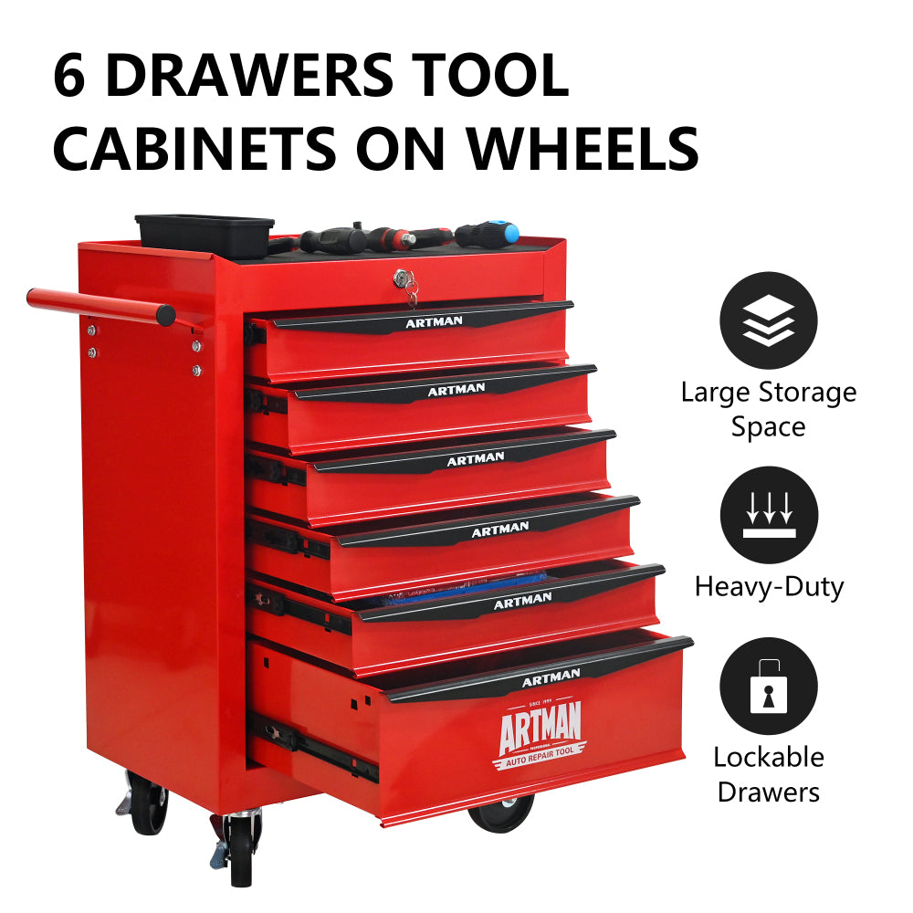 Rolling Metal Tool Chest with 6 Drawers, 20" 6-Drawer Tool Chest Cabinet with Ball Bearing Drawer Slides, Steel Tool Storage Box Organizer -Red&Black