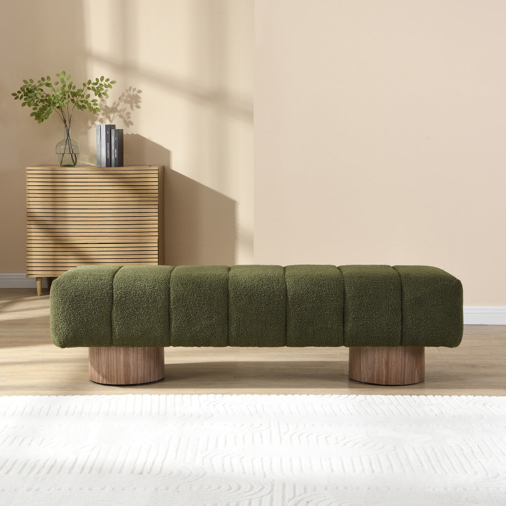 Upholstered Dining Bench for Dining Room, No-Assembly End of Bed Entryway Bench Ottoman for Bedroom Living Room, Green Boucle Fabric Stool Top Wood Leg 300 LBS Weight Capacity