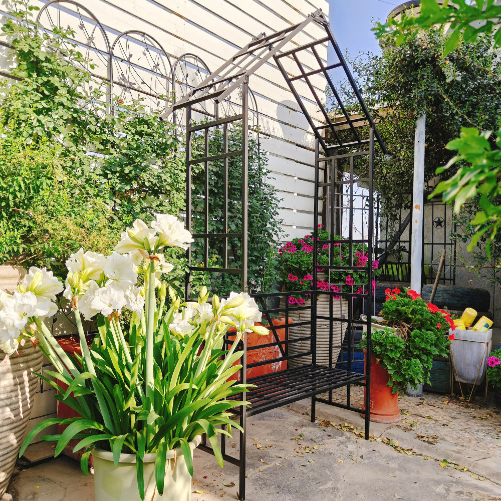 Metal Garden Arch with Bench Turned into Flower Stand W58.07*H97.24 Climbing Plants Support Rose Arch Outdoor Black