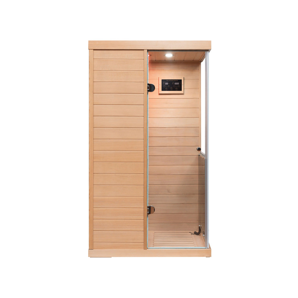 Large glass mini hemlock sauna with right door opening