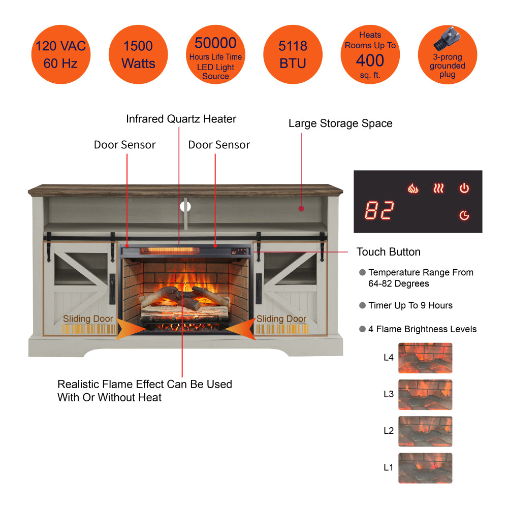 60 Inch Electric Fireplace  Entertainment Center With Door Sensor-Jasmine white color