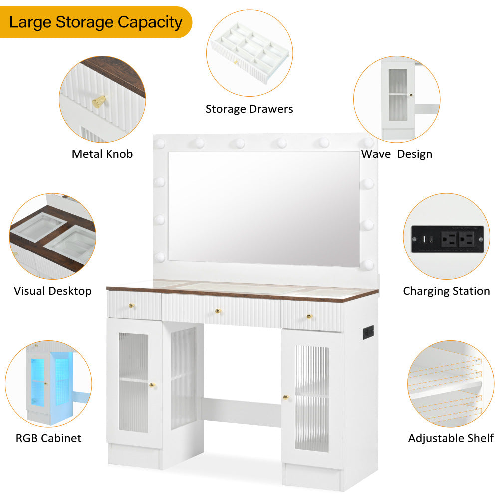 43.3" Vanity Desk with Large Mirror and Hollywood Bulbs, Modern Glass Top Makeup Vanity with Drawers and Power Outlet, Large Dressing Table with 3 Color Lighting Modes & RGB Cabinets for Bedroom
