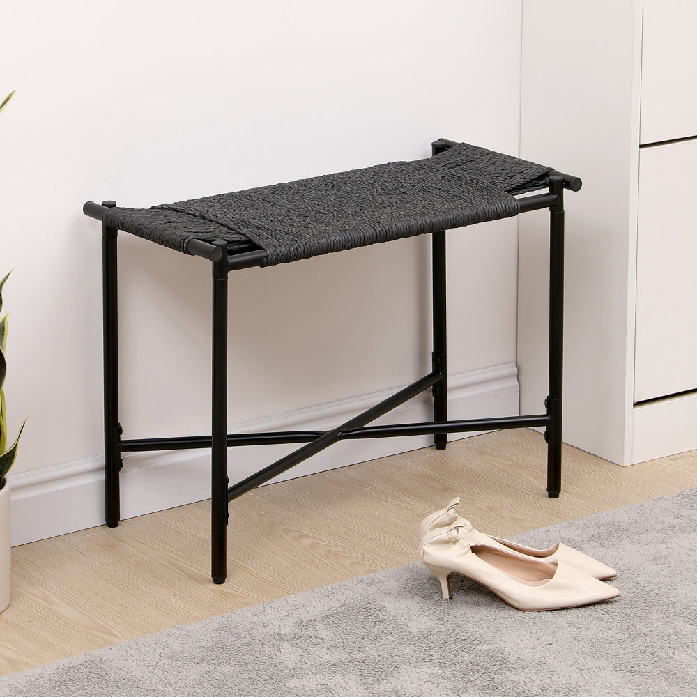 Foot Rest Shoes Stools Handwoven Paper Rope Ottomans for Entryway, Living Room, Bedroom & Office (Black)