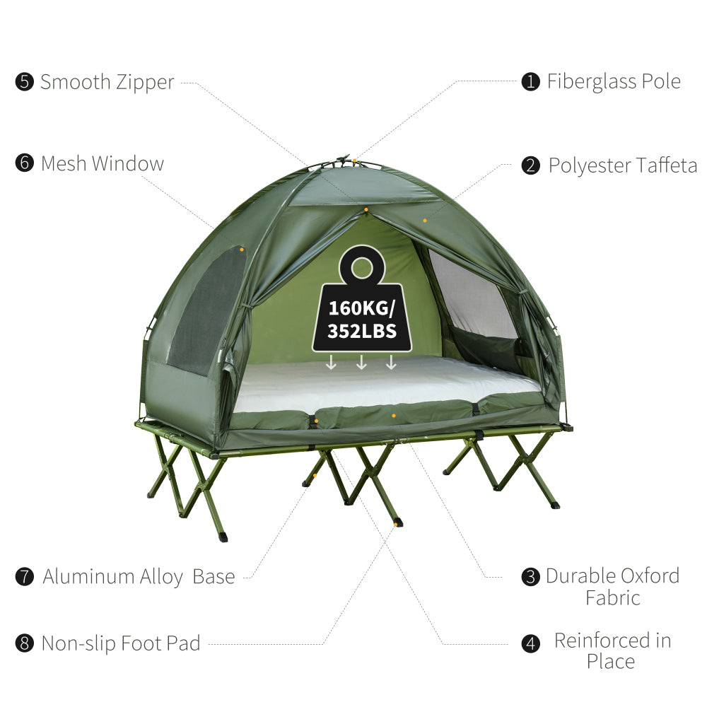 Outsunny 2 Person Foldable Camping Cot with Tent, Bedspread and Thick Air Mattress, 4-In-1 Elevated Camping Bed Tent for Outdoor Hiking, Picnic, Travel