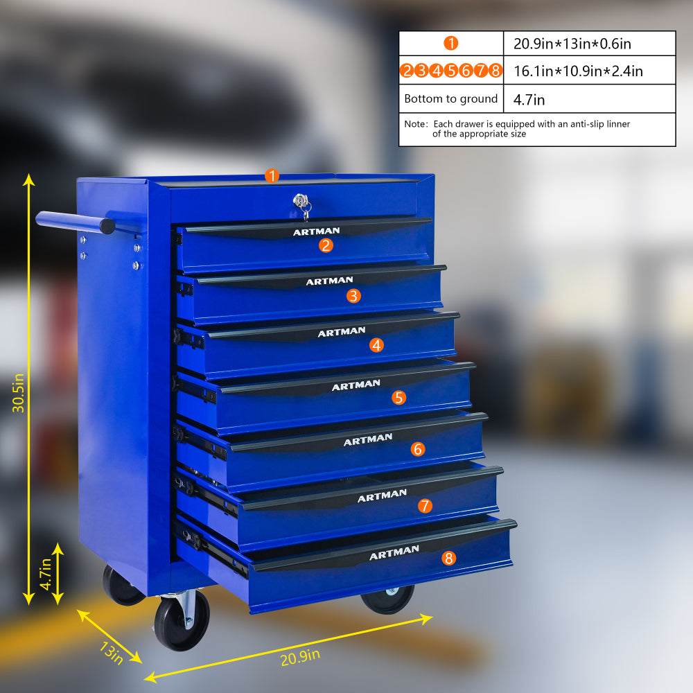 Rolling Metal Tool Chest with 7 Drawers, 20" 7-Drawer Tool Chest Cabinet with Ball Bearing Drawer Slides, Steel Tool Storage Box Organizer -BLACK&BLUE