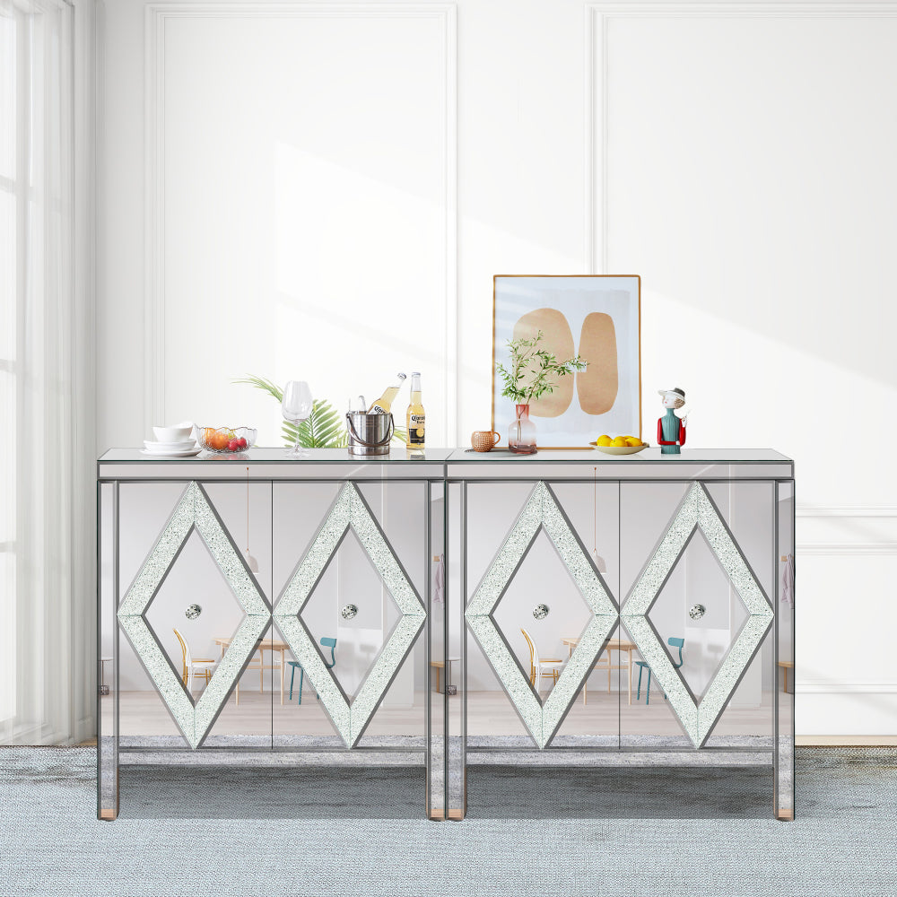 Storage Cabinet With Mirror Trim And Diamond Shape Design  Spliced Combination For Living Room, Dining Room, Entryway, Kitchen