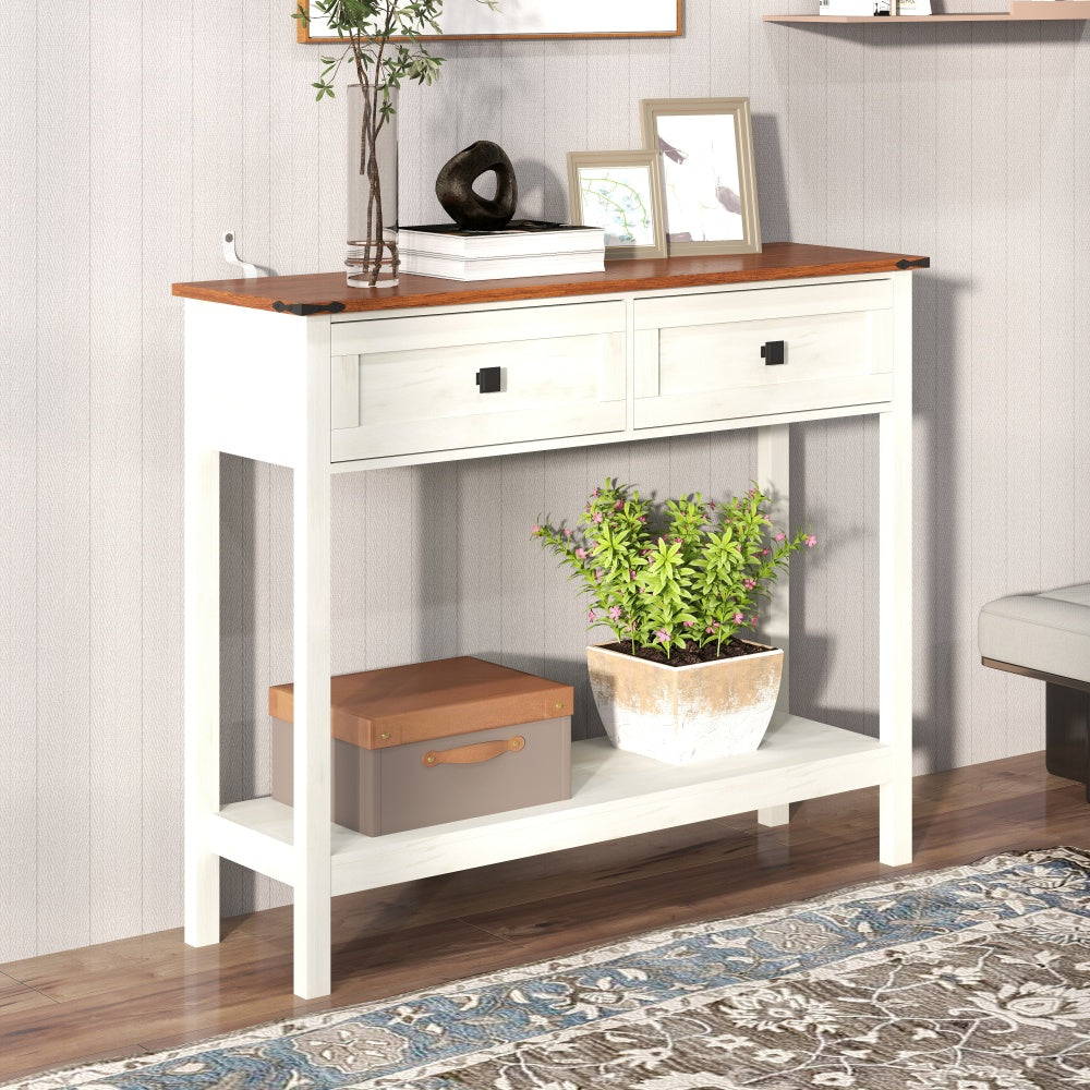 Farmhouse Style Console Table with 2 Drawer and Bottom Storage Shelf for Entryway, Rustic Side Table with Storage Drawer and Shelf for Living room, Hallway(Antique White)