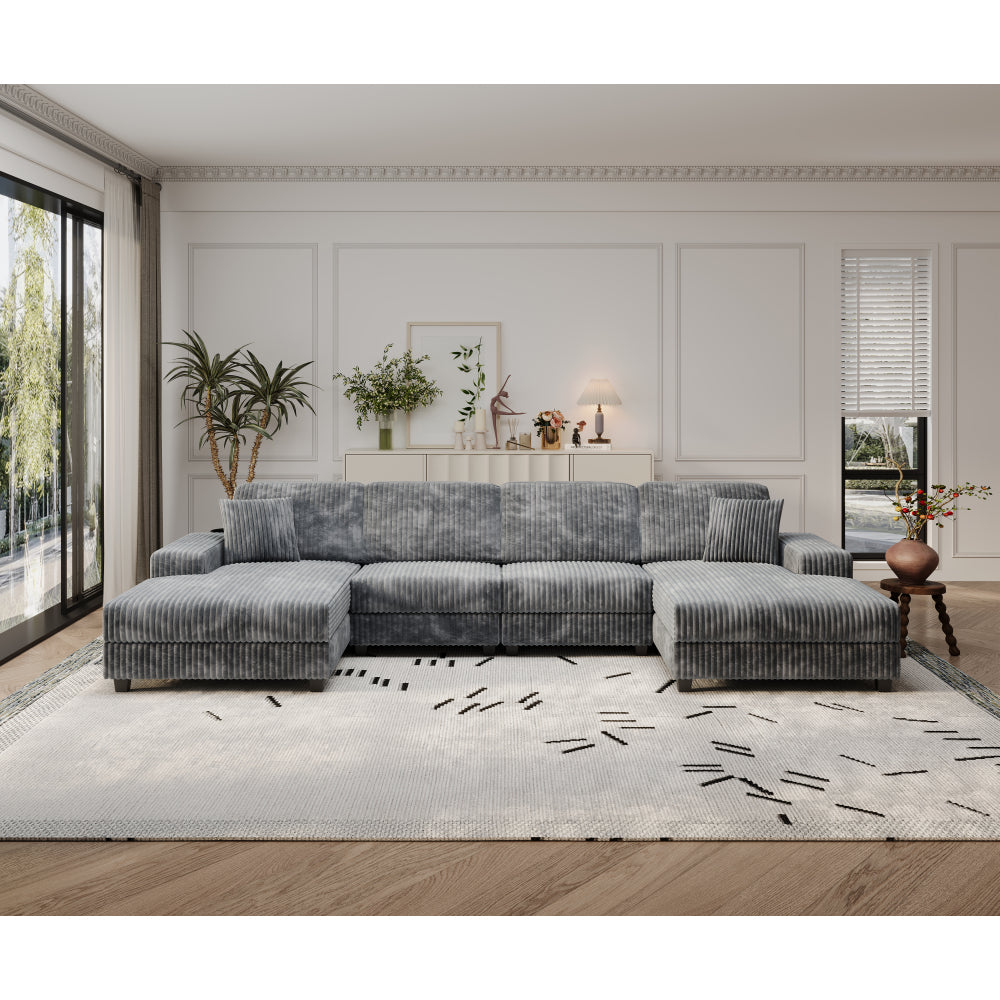 Convertible U-shaped Combination Sofa, Corduroy Fabric, Modern Comfortable Large Size 4 Seat Sofa, Living Room Double Lounge Chair ,Green