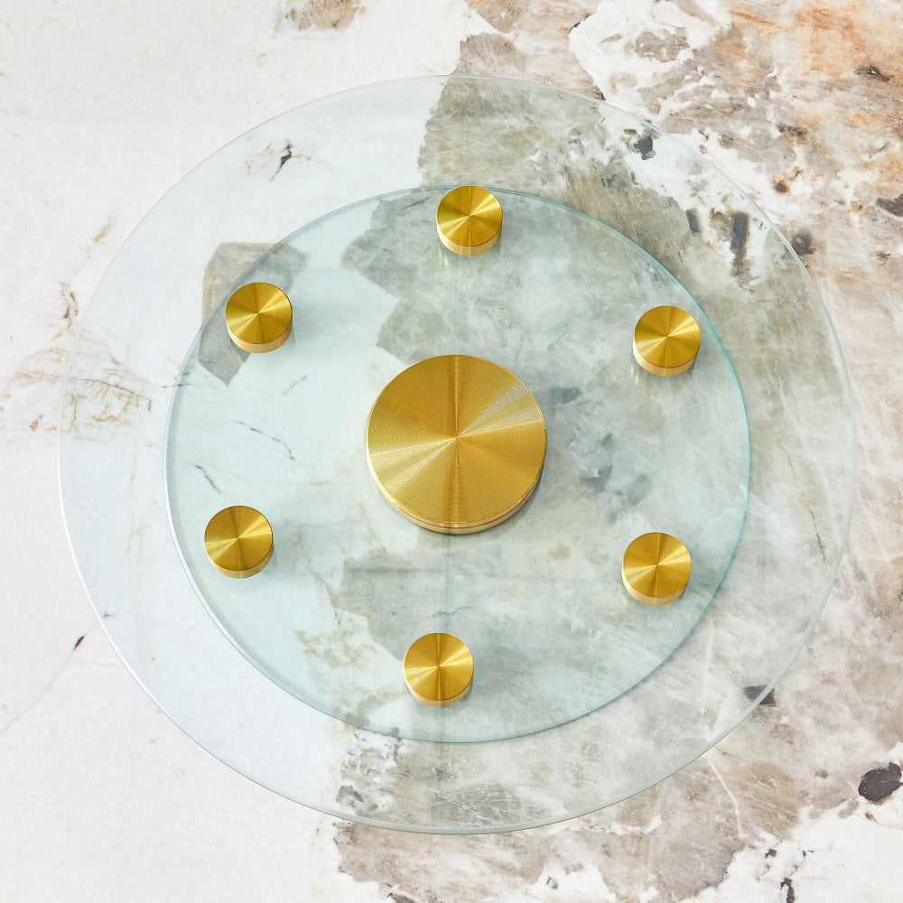 Double layer rotatable round glass.Golden aluminum plate,The rotatable design makes it convenient to retrieve and place items.The upper glass has a diameter of 20 inches,the lower glass15 inches.
