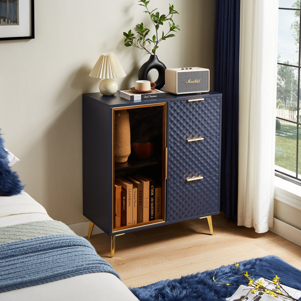 Deluxe Carved Modern Fashion Style Chest of Drawers with Aluminum Alloy Frame Tempered Glass Doors Three Drawer Chest with Metal Legs Adjustable Feet, Dark Blue,31.5"L x 15.7"W x 37.6"H