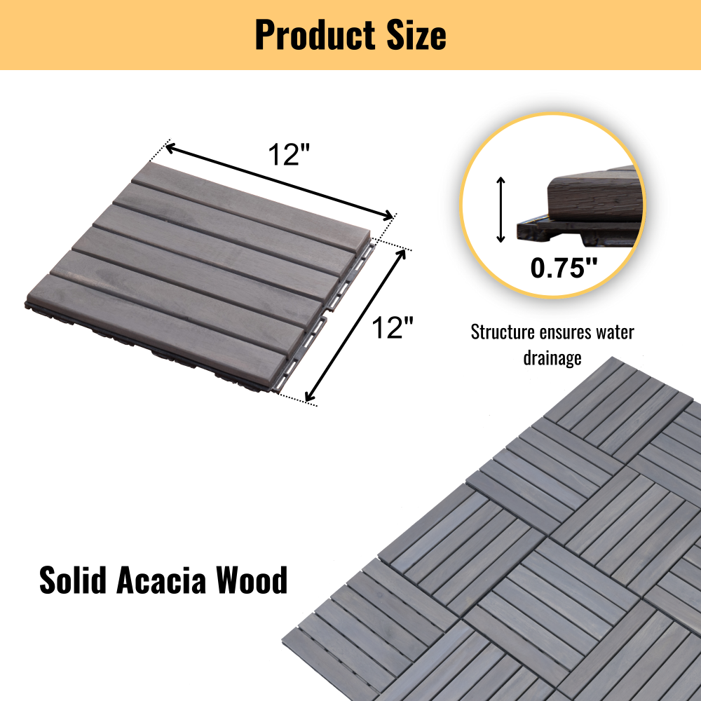 10 PCS Interlocking Deck Tiles Striped Pattern, 12" x 12" Square Light Gray Acacia Hardwood Outdoor Flooring for Patio, Bancony, Pool Side,...