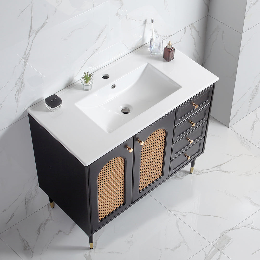 36" Bathroom Vanity with Ceramic Basin, Rattan Bathroom Storage Cabinet with Two Doors and Drawer