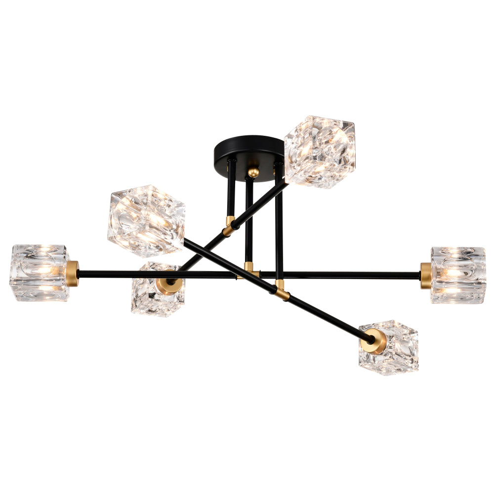 Modern Ceiling Lamp with  Light Fixture (6*G9 Bulbs Included),Modern Semi Flush Mount Light Fixture Crystal Chandelier for Dining Room, Bedroom, Living Room--Matte Black 
+Matte Gold