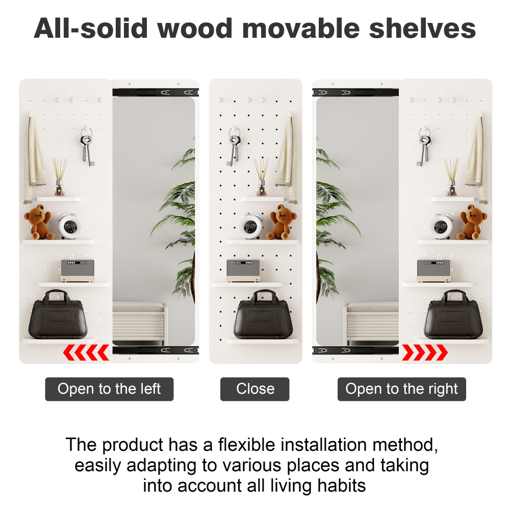 Wall Mounted Full Length Mirror, Full Body Mirror with Shelf, Full Body Mirror with Hook Wall Mounted Mirror with Multifunctional Design Panel, Bedroom/Living Room/Entrance White(47.6*15.7in)