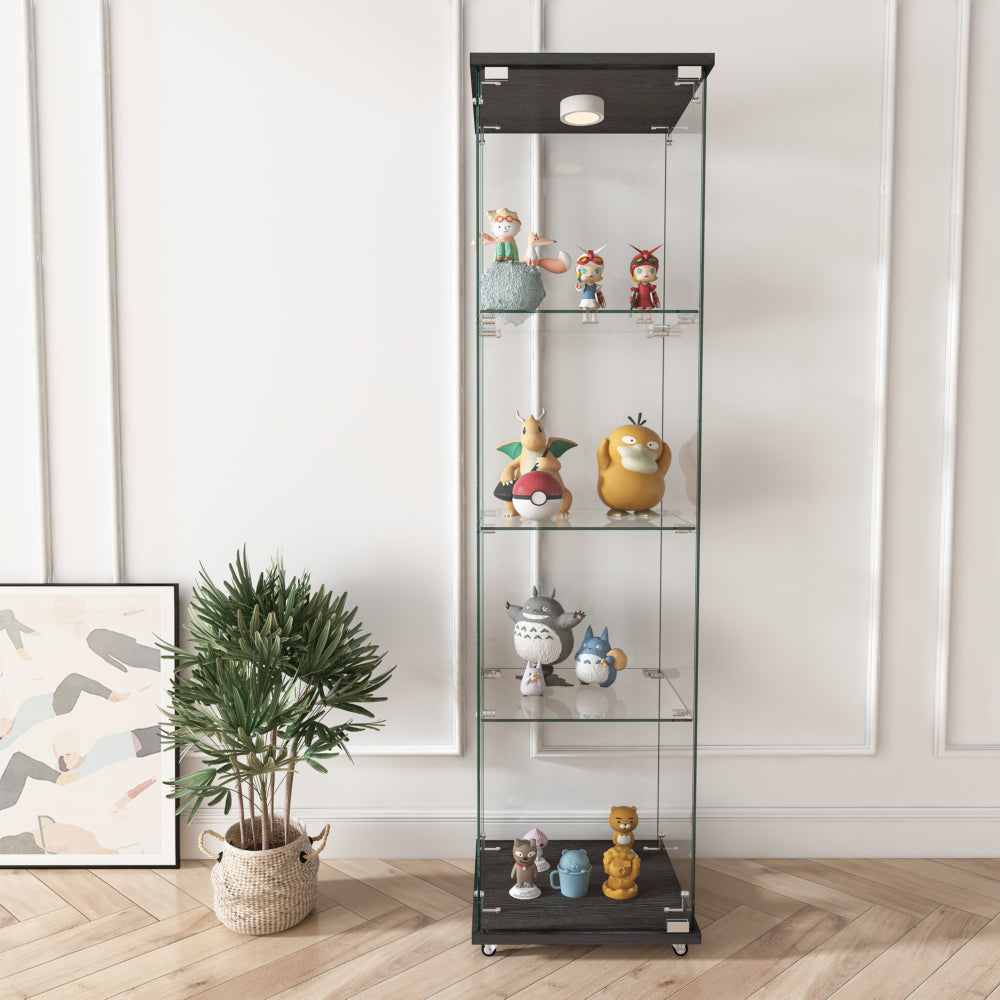 Modern Glass Display Cabinet with LED lights, Quick-assembly Antique Cabinet, Tempered Glass Bookshelf, Suitable for Living Room and Bedrooms, 1-door 4-shelf, Black