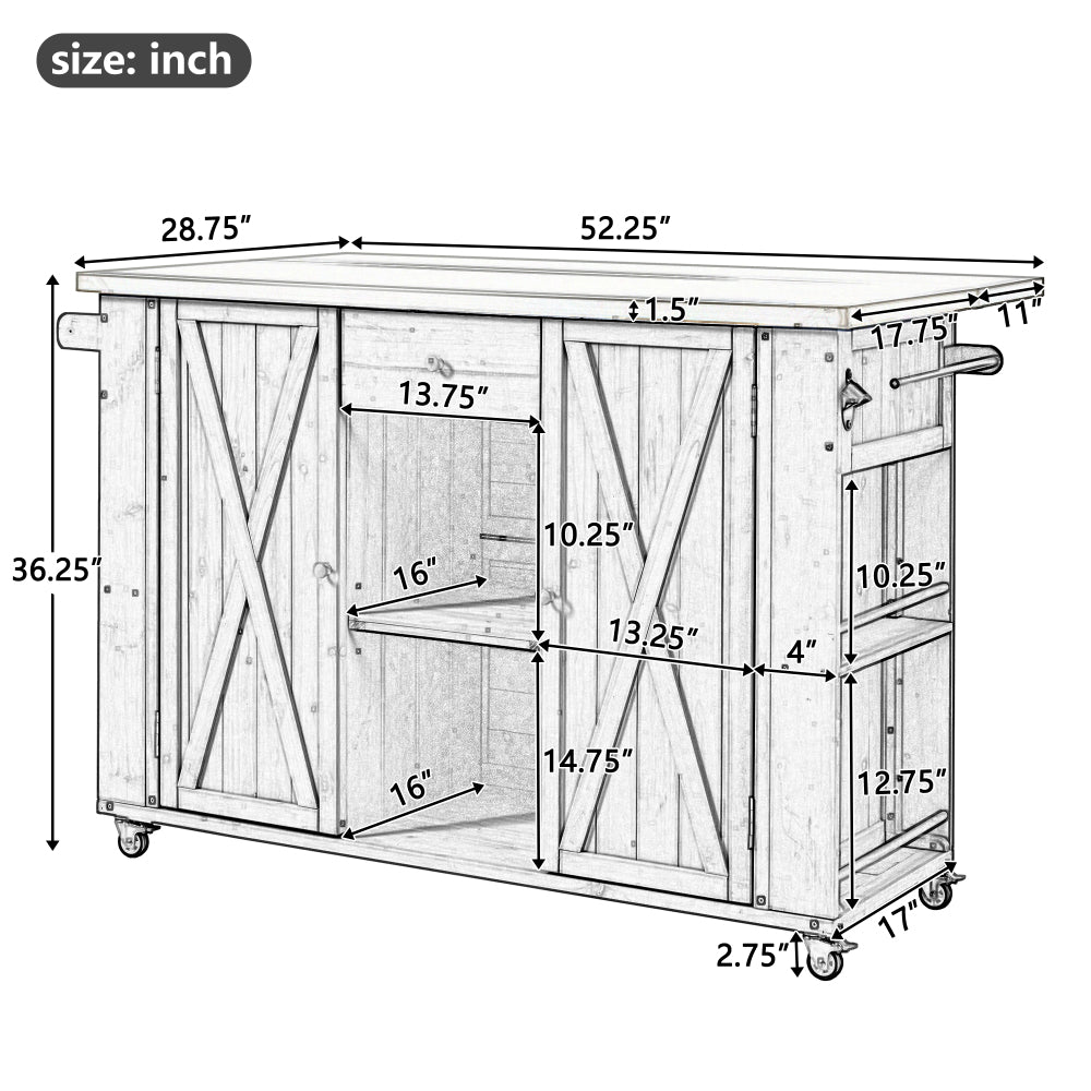 Outdoor Kitchen Island Fir Wood Kitchen Island with Stainless Steel Top, Ample Storage Space, Towel and Spice Racks and a Bottle Opener for Outdoor, Natural