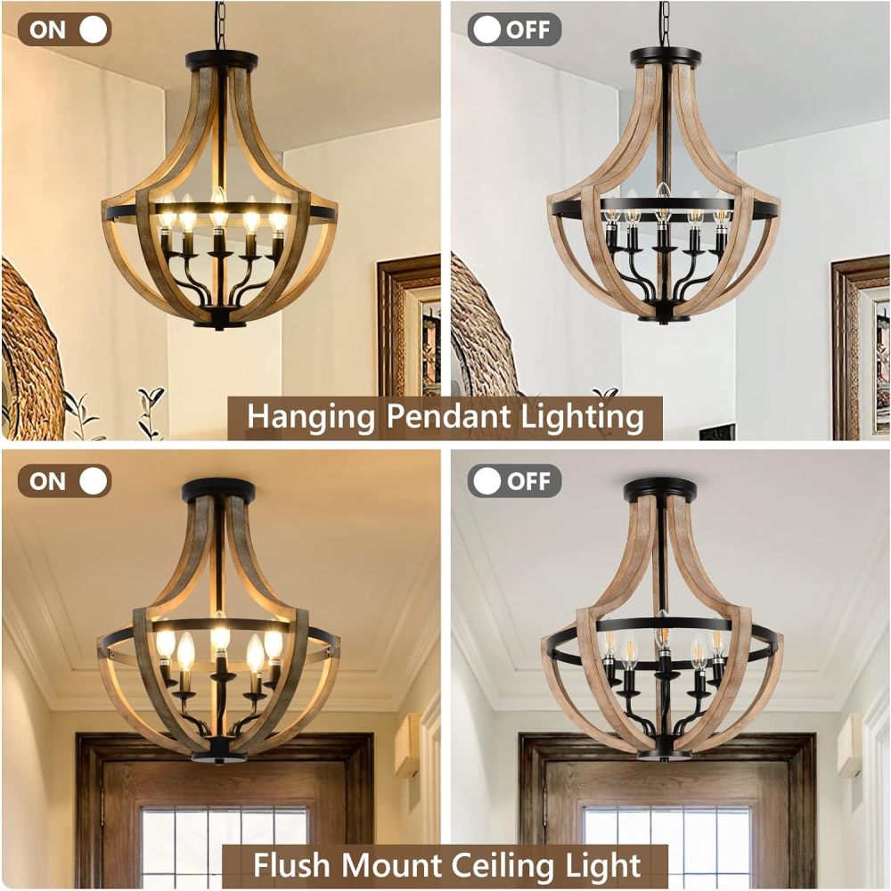 19" Farmhouse Chandelier Light Fixtures, 5-Light Dining Room Light Fixtures Over Table, Solid Wood Modern Chandeliers for Dining Room Living Room Kitchen Island Bedroom Foyer, Height Adjustable, Brown
