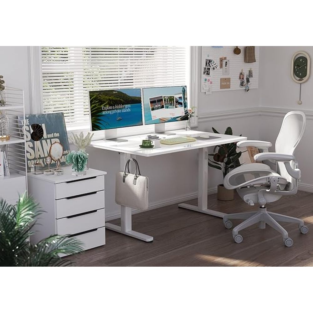 48 Inch Electric White Glass Standing Desk, Adjustable Height ,Quick Install Home Office Computer Desk, Stand Up Desk