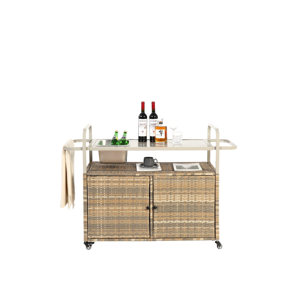 Outdoor Bar Table, Wicker Bar Cart with Cabinet, Patio Serving Cart with steel Top, with one ice bucket,Lockable Wheels, Side Basket for Garden, Poolside & Backyard, Beige