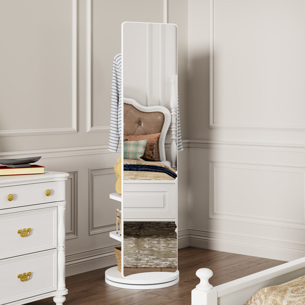 360° Rotating 66"x14" Multifunctional Full Length Mirror with Hook Storage Rack Coat Rack with Mirror Solid Wood Floor Mirror Bedroom Living Room Cloakroom Space Saving (wh