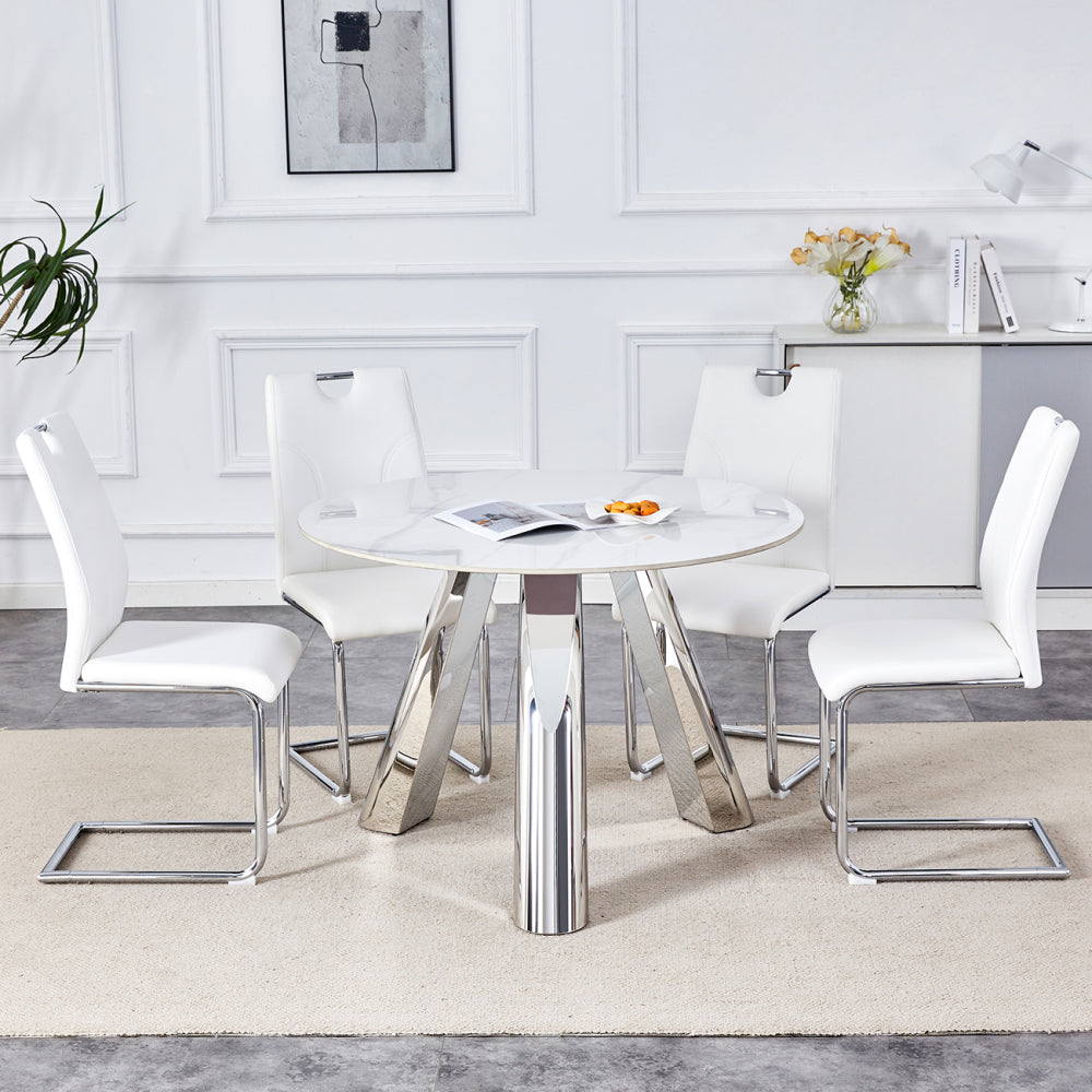 Table and chair set.A 42-inch stainless steel leg round table .Paired with 6 Uniquely designed White Dining Chairs With Silver Metal Leg.Sintered Stone Tabletop,Stainless Steels Table Legs.