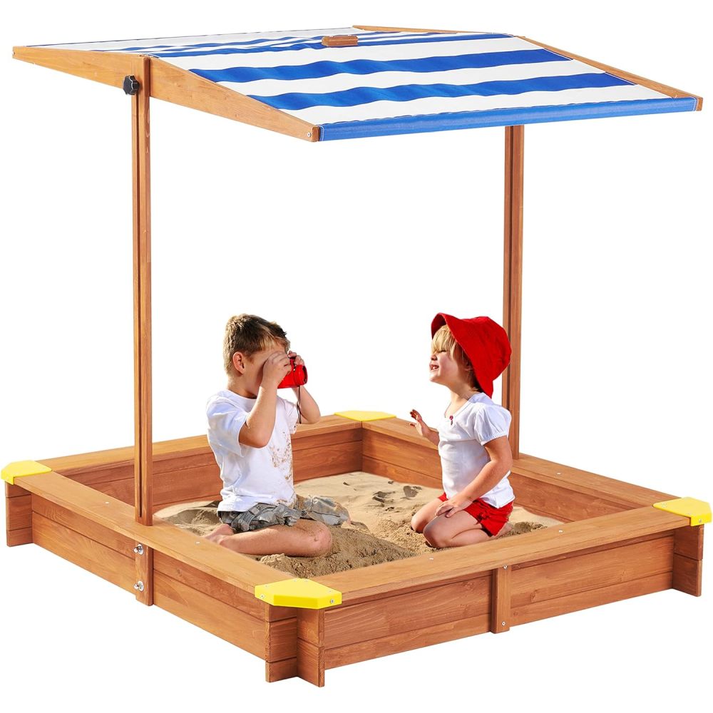 Kids Sandbox with Cover, 46" Wooden Sand Box w/Adjustable Canopy, Large Outdoor Cedar Sandpit for Backyard Play