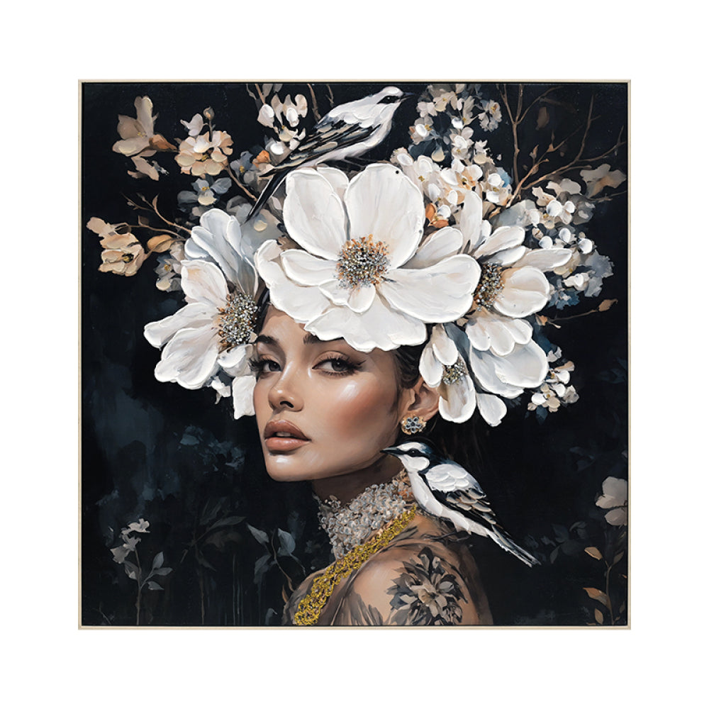 Floral Woman Canvas Wall Art Black and White Bird Tattoo Portrait Modern Aesthetic Artwork for Living Room Bedroom Office Art oil painting decorative picture