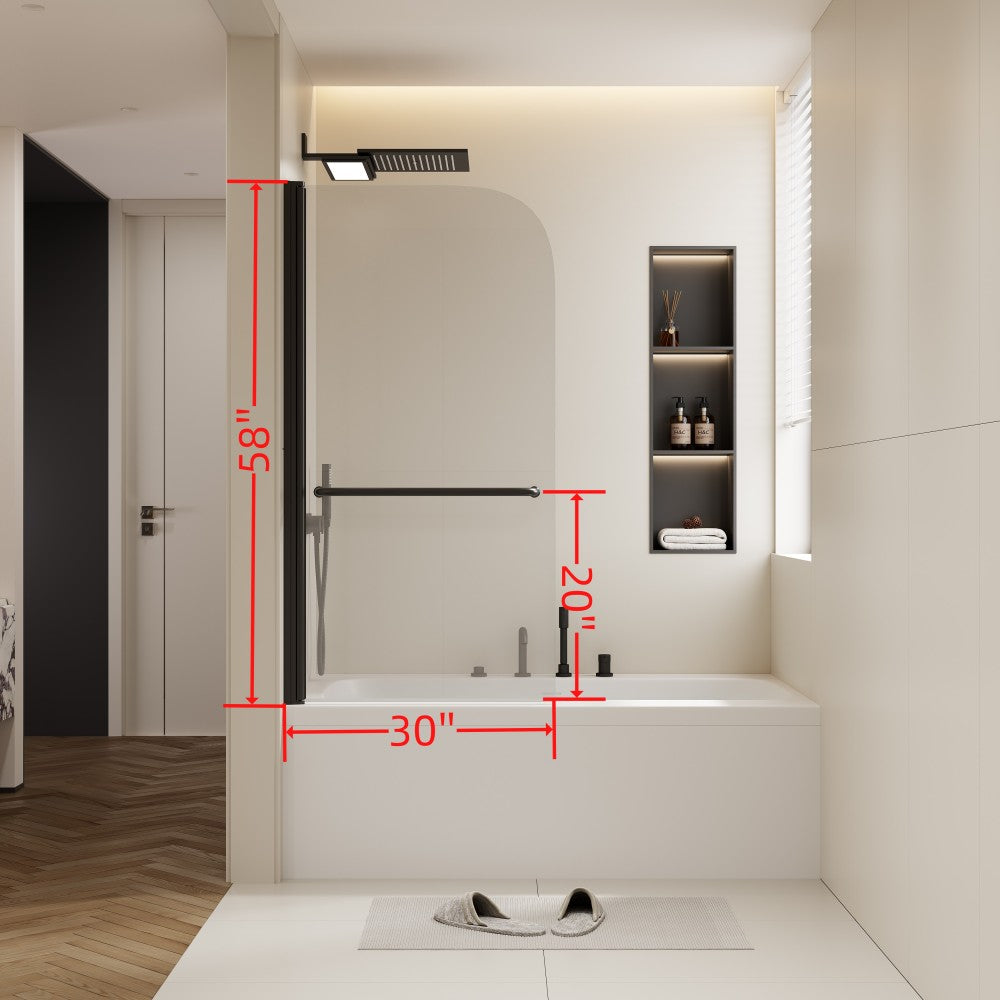 30 in. W * 58 in. H Rise and down rotation shaft door Shower Doors for Bathtub, 1/4" (6mm) Thick SGCC Tempered Glass Door, Bathroom Tub Glass single Door, Aluminium Alloy Matte Black Finish