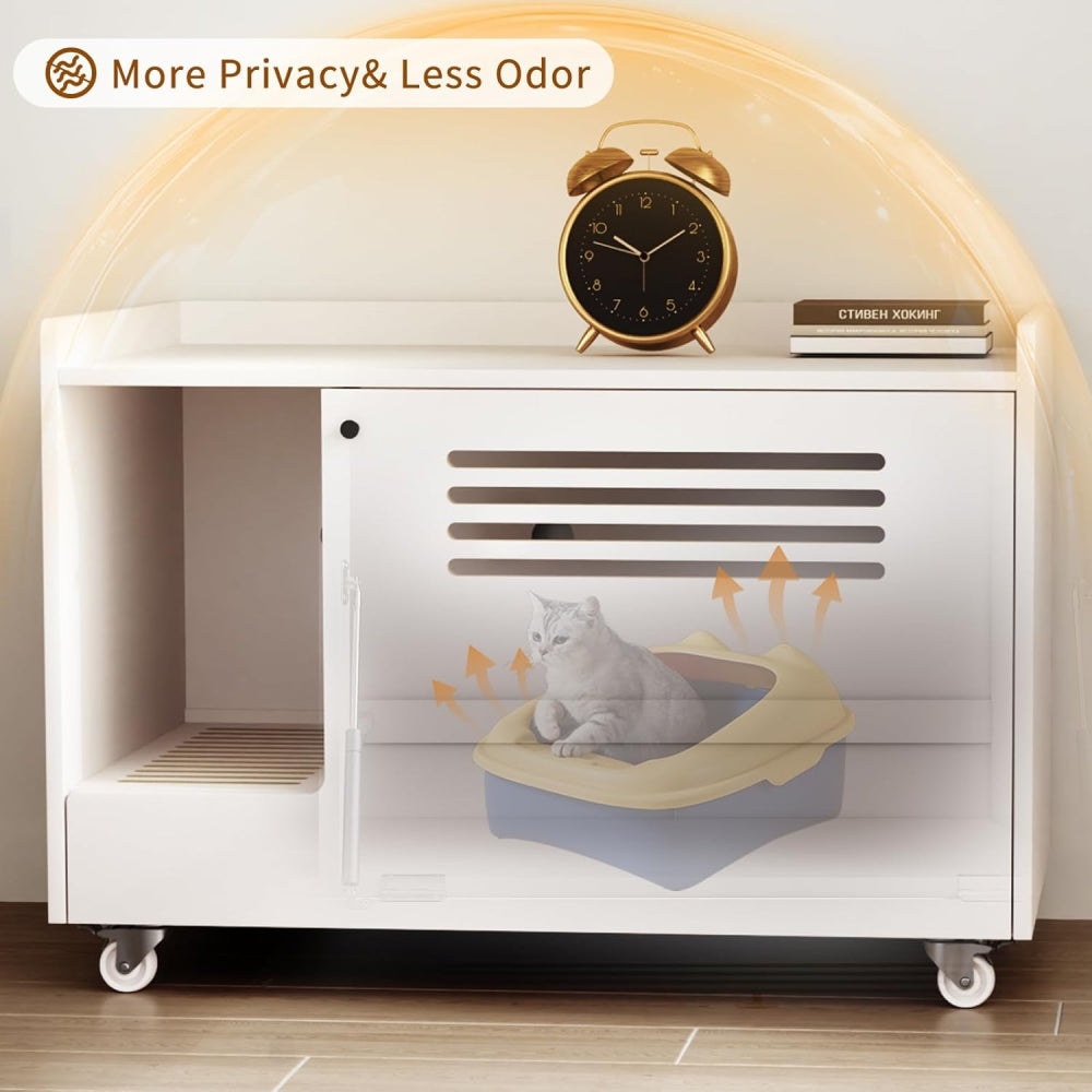 White Cat Litter Box Enclosure,Hidden Litter Box Furniture with top side fence,Wooden Pet House Side End Table, Storage Cabinet Bench for Living Room,,Bedroom, Fit Most of Litter Box