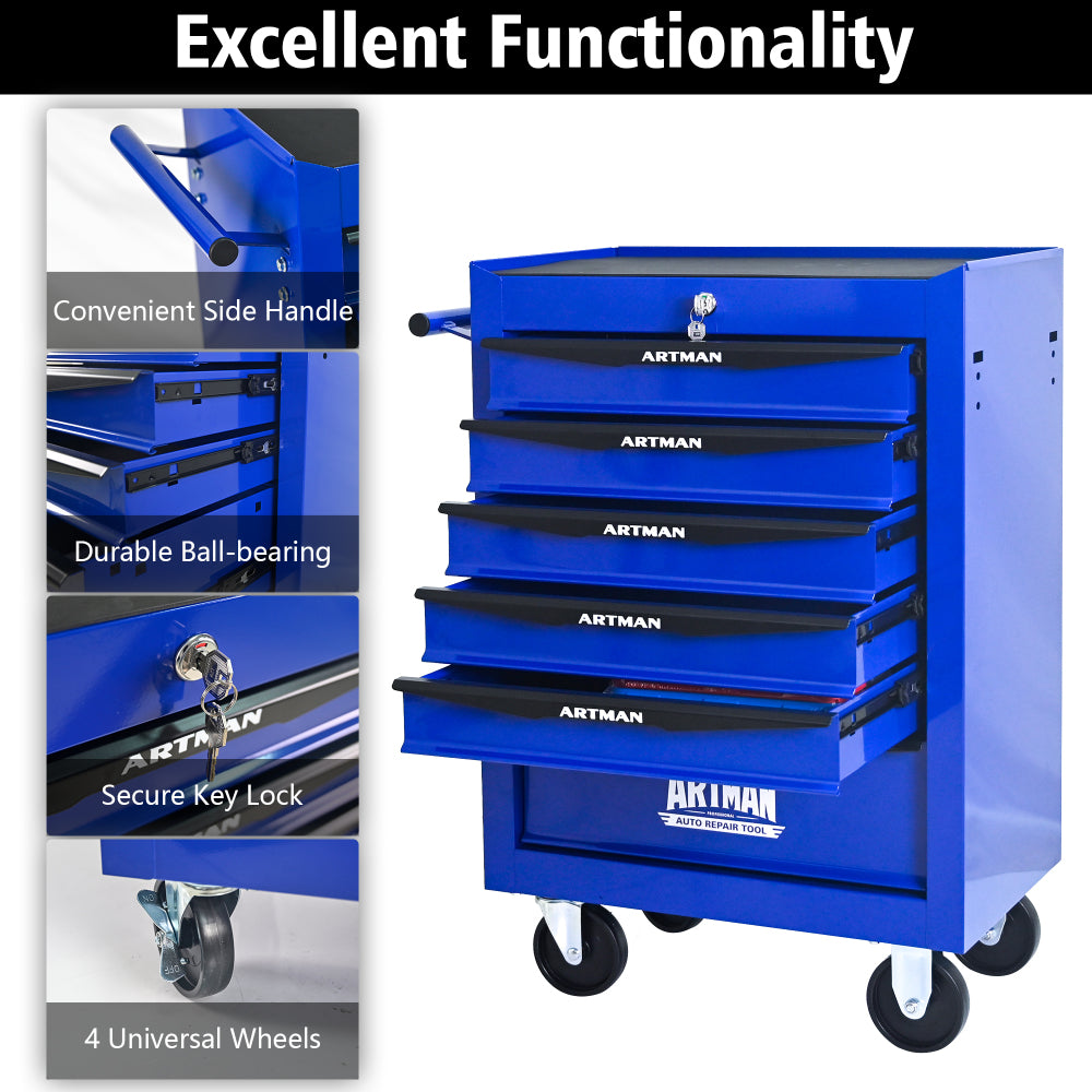 Rolling Metal Tool Chest with 6 Drawers, 20" 6-Drawer Tool Chest Cabinet with Ball Bearing Drawer Slides, Steel Tool Storage Box Organizer -BLACK&BLUE