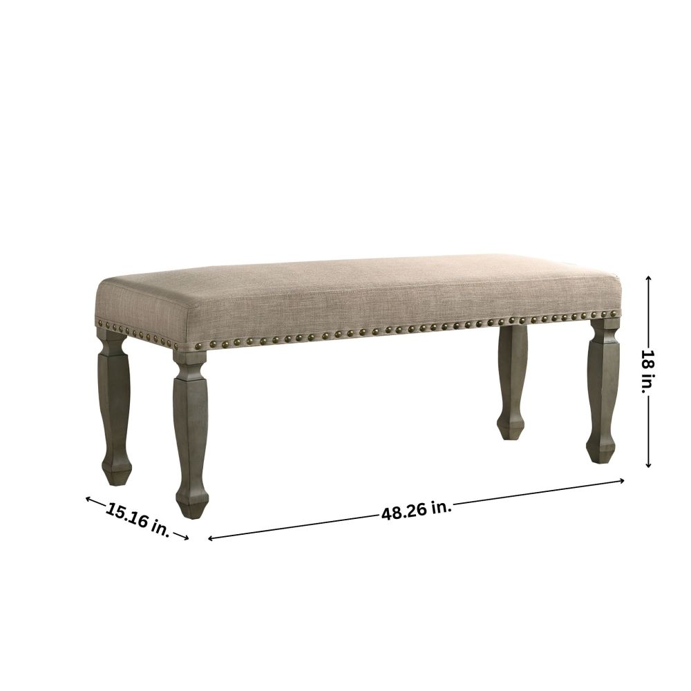 Breda Antique Gray Finish Upholstered Nailhead Bench