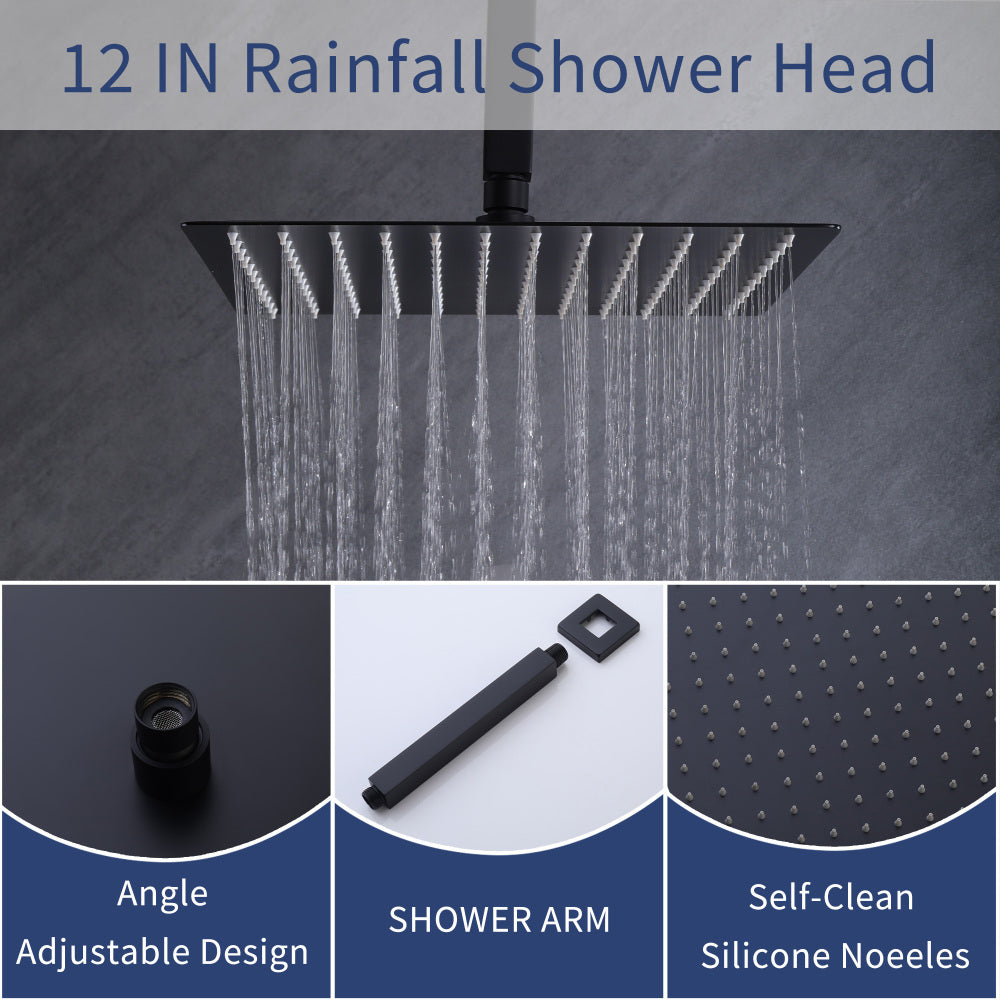 Shower Faucet Set, Shower System Bathroom High Pressure 12 Inches Rainfall Shower Head with Handheld Spray, Wall Mounted Shower Fixtures with Shower Valve and Trim Kit, Matte Black