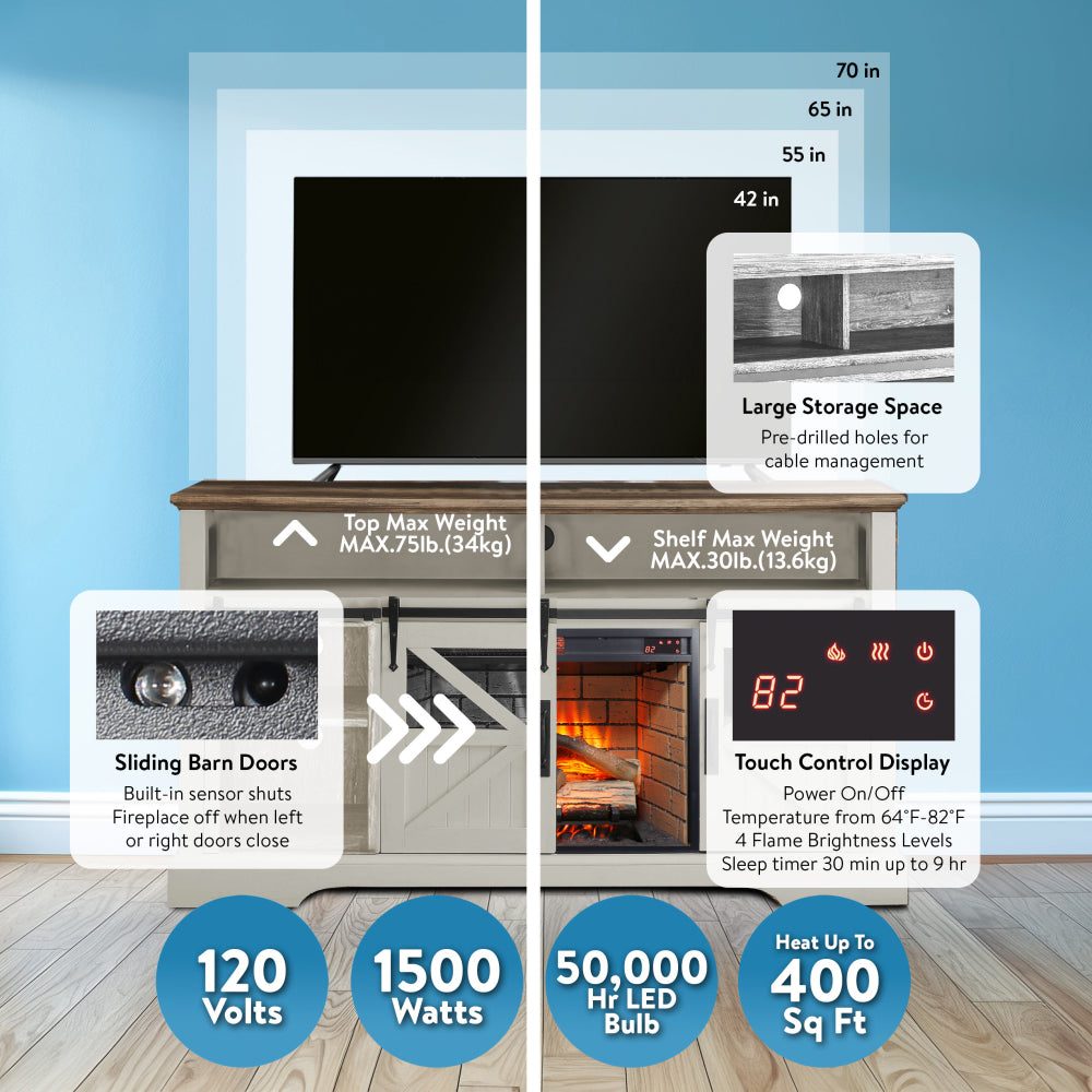 60 Inch Electric Fireplace  Entertainment Center With Door Sensor-Jasmine white color