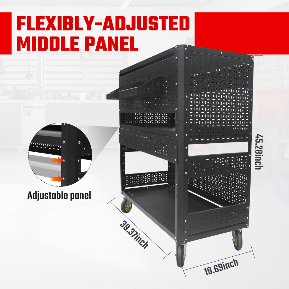 3-Tier  DIY Detachable Utility Cart Storage Tool Cart With Steel Pegboard, Foldable Rolling Tool Cart with Wheels For Garage Organizer and Tool Storage