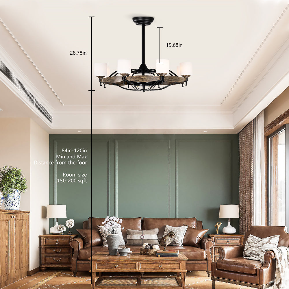 Dia 33 inch Chandelier Ceiling Fan for Bedroom Dining Room Living Room Kitchen Farmhouse Entry,Matte Black+  Wood Grain