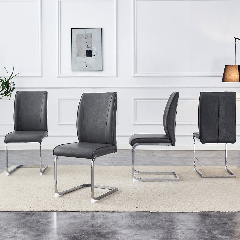 Luxury Simple Arch Chair - Set of 4 Dark Gray PU Material High Resilience Dining Chair with Arched Metal Silver Leg.Crazy Horse Texture PU Dining Chairs.