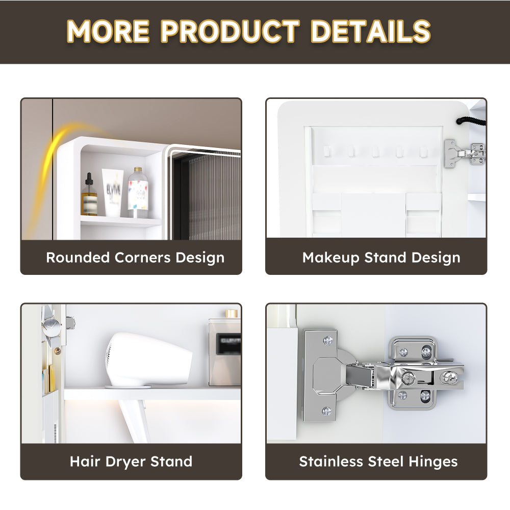 Aluminium Medicine Cabinet Mirror, 35 x 28 Inches Medicine Cabinet with 3 Colors LED Light and Defogging Function, Bathroom Mirror Cabinet with Cosmetic Storage Rack and Hair Dryer Holder, White